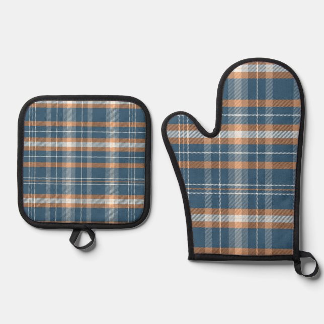 Ensemble De Gant De Cuisine Et De Manique Design en plaid bleu, crème et orange (Recto)