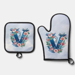 Ensemble De Gant De Cuisine Et De Manique Design floral décoratif monogramme "V"
