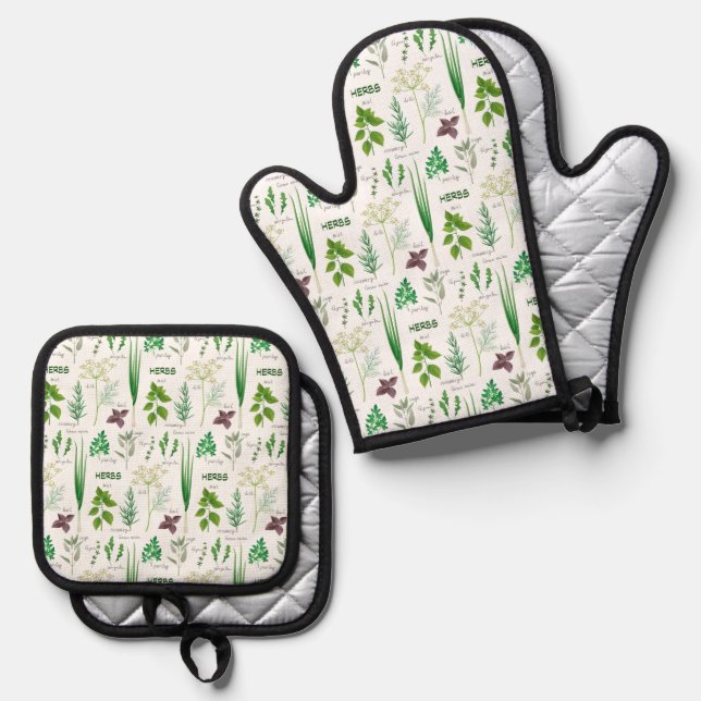 Ensemble De Gant De Cuisine Et De Manique Design Herbes (Recto/Verso)