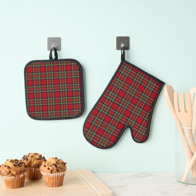 Ensemble De Gant De Cuisine Et De Manique Design Tartan Rouge (In situ (suspendu))
