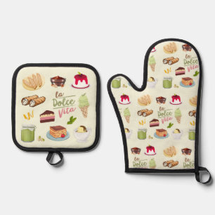 Ensemble De Gant De Cuisine Et De Manique Desserts Italiens Sucreries