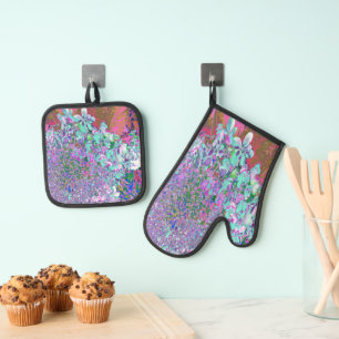 Ensemble De Gant De Cuisine Et De Manique Détail élégant d'hydrangea Aqua et Violet Limeligh