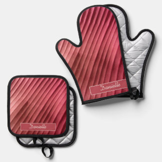 Ensemble De Gant De Cuisine Et De Manique Diagonale rouge feuille