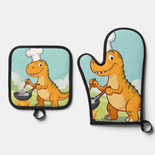 Ensemble De Gant De Cuisine Et De Manique Dinosaur Chef Cooking Funny (Recto)