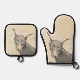 Ensemble De Gant De Cuisine Et De Manique Doberman Pinscher Peinture Dobie Craché Chien Art
