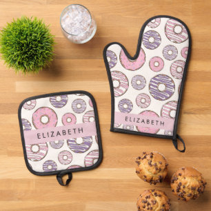 Ensemble De Gant De Cuisine Et De Manique Donuts Roses, Donuts Violets, Saupoudrages, Votre