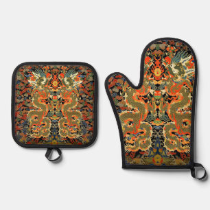 Ensemble De Gant De Cuisine Et De Manique Dragon asiatique chinois Art coloré