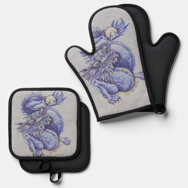 Ensemble De Gant De Cuisine Et De Manique Dragon bleu (Recto/Verso)