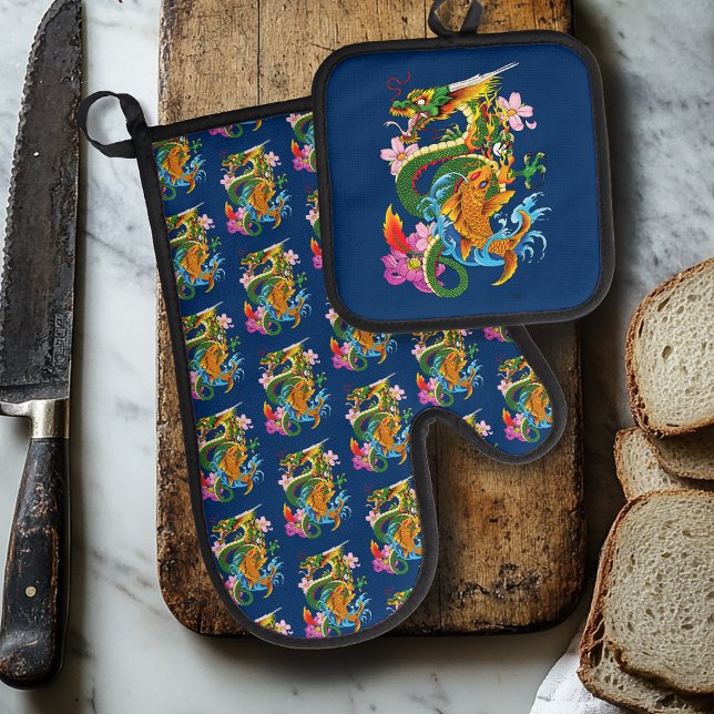 Ensemble De Gant De Cuisine Et De Manique Dragon chinois vert Koi (Créateur téléchargé)
