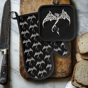 Ensemble De Gant De Cuisine Et De Manique Dragon Tribal Celtique Entrelacs Noir Blanc Fantas
