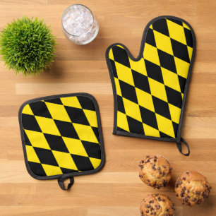 Ensemble De Gant De Cuisine Et De Manique Drapeau bavarois diamant noir et jaune