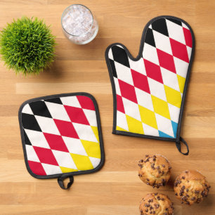 Ensemble De Gant De Cuisine Et De Manique Drapeau bavarois diamant noir rouge jaune bleu mot