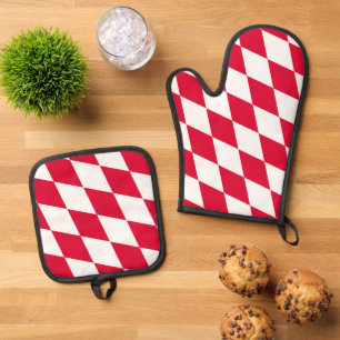 Ensemble De Gant De Cuisine Et De Manique Drapeau diamant Bavière rouge et blanc