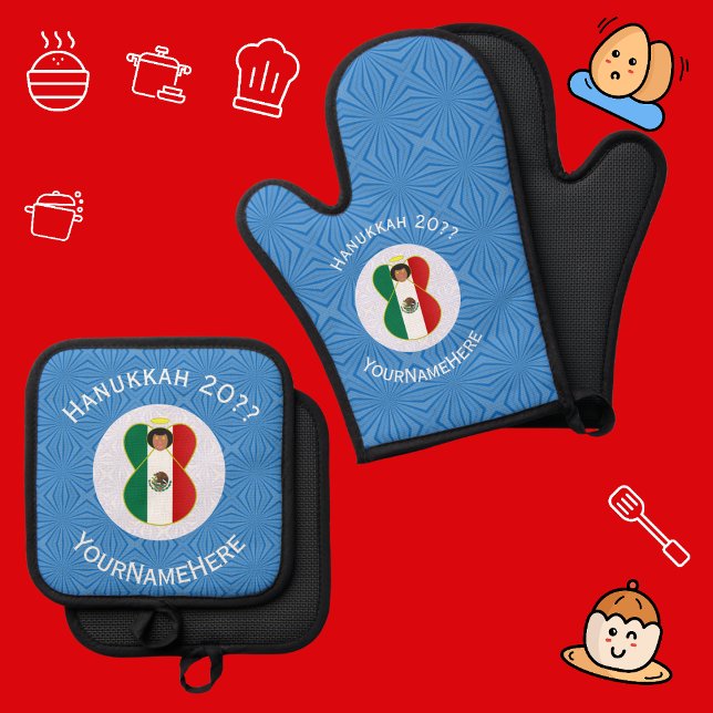 Ensemble De Gant De Cuisine Et De Manique Drapeau Hanoukka mexicain personnalisé (Oven mitts for Hanukkah with an angel dressed in Mexican flag. White text for name, year, holiday.)