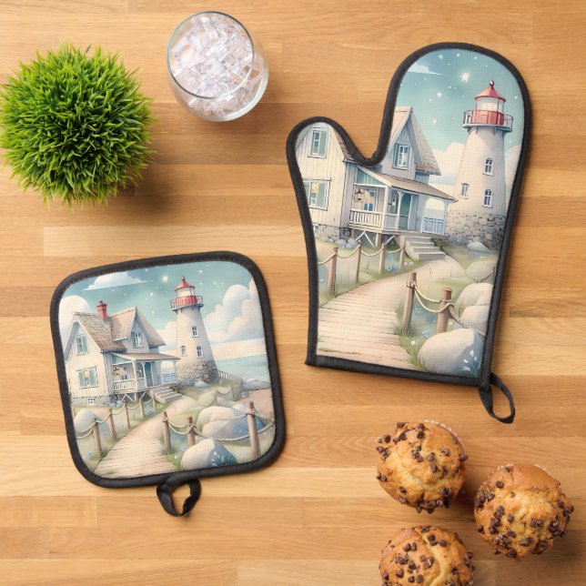 Ensemble De Gant De Cuisine Et De Manique Dreamy Pastel Lighthouse by the Sea (De haut en bas)