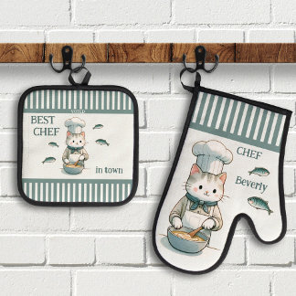 Ensemble De Gant De Cuisine Et De Manique Drôle Chat Fish Chef de fruits de mer
