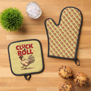 Ensemble De Gant De Cuisine Et De Manique Drôle "Cluck & Roll" Cool Rooster Conception de de