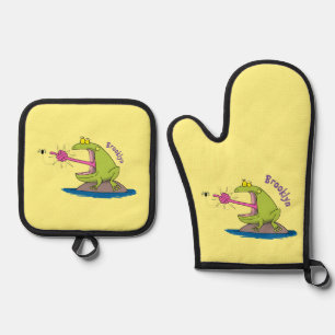 Ensemble De Gant De Cuisine Et De Manique Drôle dessin animé de grenouille et mouche