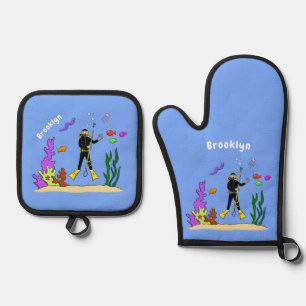 Ensemble De Gant De Cuisine Et De Manique Drôle plongeur et poisson mer créatures dessin ani