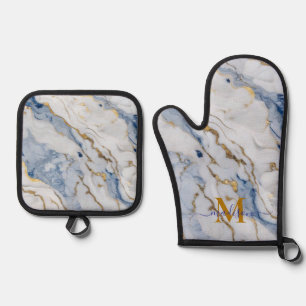 Ensemble De Gant De Cuisine Et De Manique Elégant bleu blanc maïs doré marbre granit