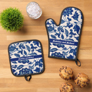 Ensemble De Gant De Cuisine Et De Manique Élégant Bleu Nom de Pays Français Chinoiserie