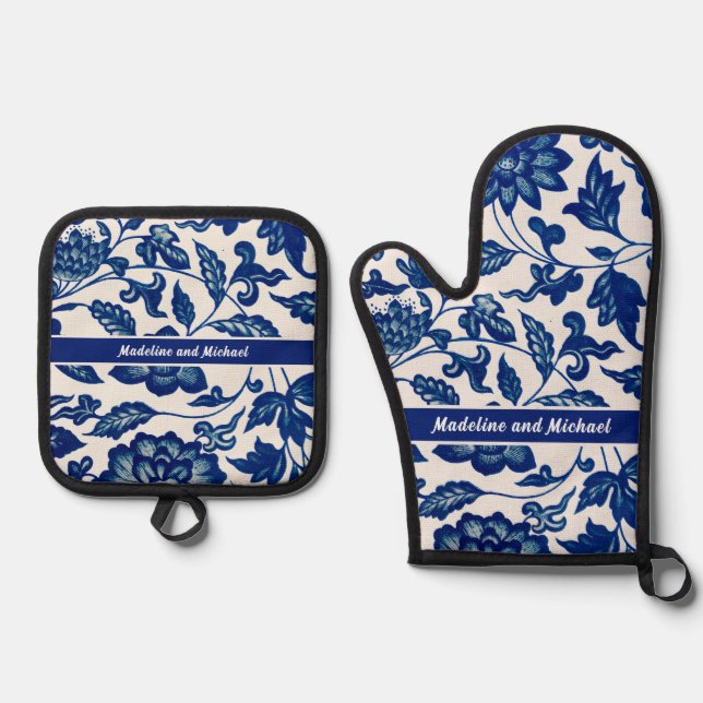 Ensemble De Gant De Cuisine Et De Manique Elegant Blue French Country Chinoiserie Name (Recto)