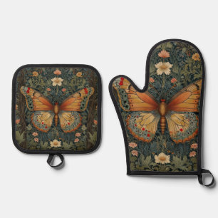 Ensemble De Gant De Cuisine Et De Manique Élégant buho rétro papillon botanique verdure