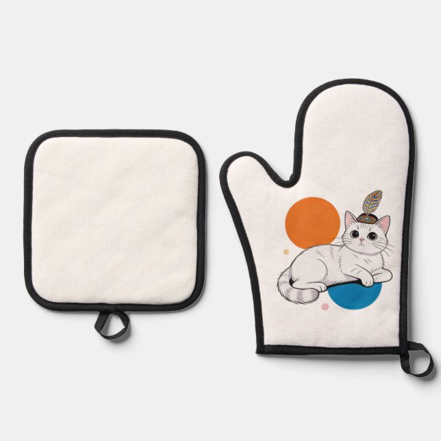 Ensemble De Gant De Cuisine Et De Manique Elegant Cat with Peacock Feather Headdress (Recto)