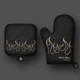 Ensemble De Gant De Cuisine Et De Manique Élégant Chef Maman Flamme Feu Noir Gold Cuisine
