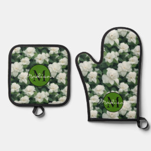Ensemble De Gant De Cuisine Et De Manique Élégant classique vert botanique blanc floral