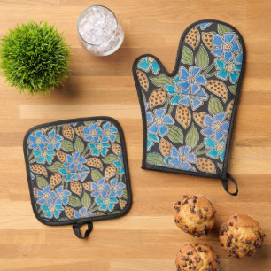 Ensemble De Gant De Cuisine Et De Manique Élégant Fleur Bleu Périwinkle Floral Classic