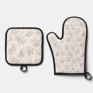 Ensemble De Gant De Cuisine Et De Manique Élégant floral bleu et ivoire