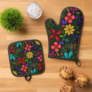 Ensemble De Gant De Cuisine Et De Manique Élégant Floral Folklorique Latino-Américain