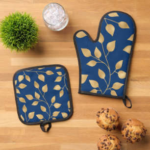 Ensemble De Gant De Cuisine Et De Manique Elegant Gold Leaf Marine conception de feuillage o