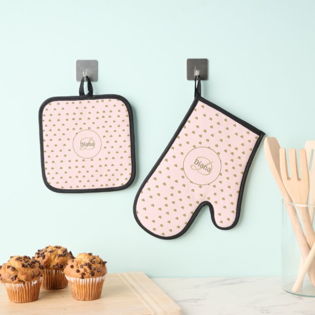 Ensemble De Gant De Cuisine Et De Manique Élégant Moderne Blush Pink Initiales Monogramme (In situ (suspendu))