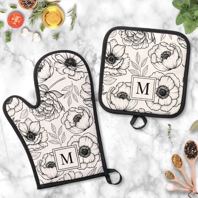 Ensemble De Gant De Cuisine Et De Manique Élégant Monogramme floral noir blanc (Elegant Black White Floral Monogram Oven Mitt & Pot Holder Set)
