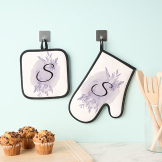 Ensemble De Gant De Cuisine Et De Manique Élégant Monogramme Floral Violet