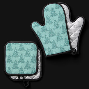 Ensemble De Gant De Cuisine Et De Manique Élégant Motif d'arbre   Luxe Aqua Mint Christmas