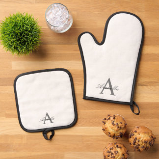Ensemble De Gant De Cuisine Et De Manique Élégant Noir Or Personnalisé Nom Monogramme