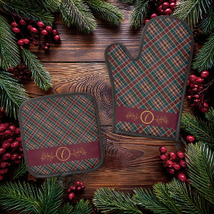 Ensemble De Gant De Cuisine Et De Manique Élégant or Monogramme Plaid - Cranberry Blue Turqu