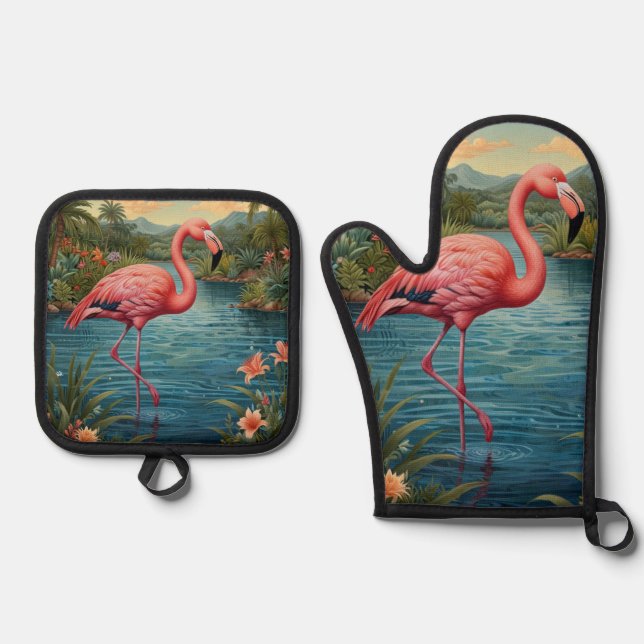 Ensemble De Gant De Cuisine Et De Manique Élégant paradis tropical flamand rose (Recto)
