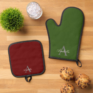 Ensemble De Gant De Cuisine Et De Manique Élégant Rouge Vert Personnalisé Nom Monogramme