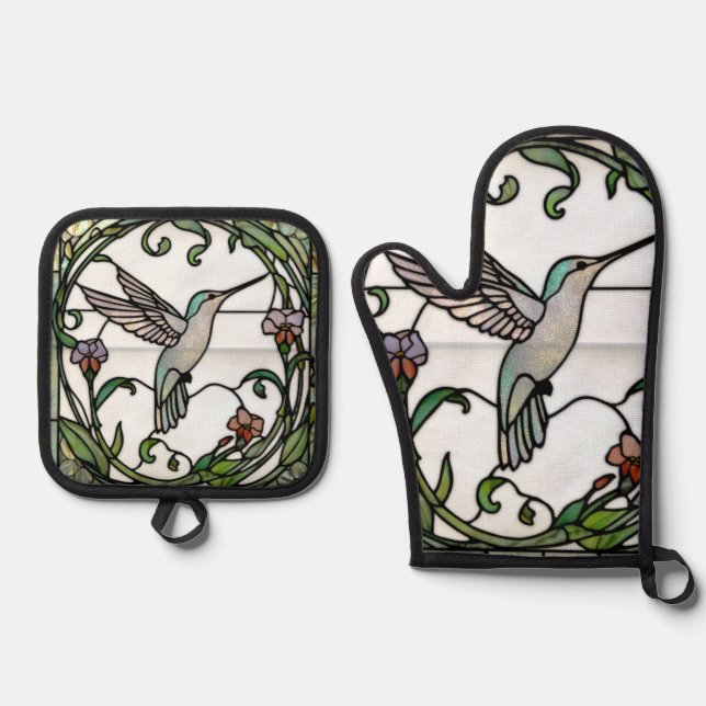 Ensemble De Gant De Cuisine Et De Manique Elegant stain glass art nouveau hummingbird (Recto)