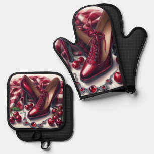 Ensemble De Gant De Cuisine Et De Manique Élégant talons rouges hauts avec cerise