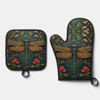 Ensemble De Gant De Cuisine Et De Manique Élégant Vintage dragonfly botanique Art nouveau