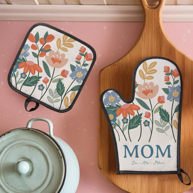 Ensemble De Gant De Cuisine Et De Manique Élégante Maman Fleurs Florales Personnalisée (Elegant Mom Floral Flowers Personalized Oven Mitt & Pot Holder Set)