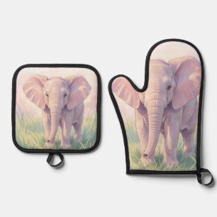 Ensemble De Gant De Cuisine Et De Manique Éléphant de bébé mignon Prairie pastel