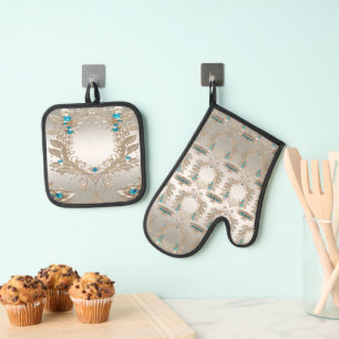 Ensemble De Gant De Cuisine Et De Manique Embellister Gold Blue Stone Mitt & Pot Holder Set