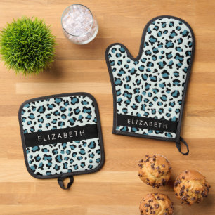 Ensemble De Gant De Cuisine Et De Manique Empreinte de léopard, Spots, Leopard Bleu, Votre N