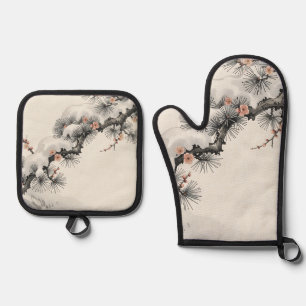 Ensemble De Gant De Cuisine Et De Manique Encre Japonaise Pin Prunier Fleurissant en Hiver